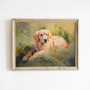 Golden Retriever in Grass Fine Art Print | Gift for Dog Lovers | Dog Breed Oil Painting | Trendy Wall Decor | Animal Lovers Rustic Home