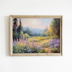 Serene Wiese Landschaft Poster | Frühlings-Ölgemälde Blumen Wildblumen Feld Kunst | Impressionistische Naturwanddekor | Rustikal