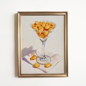 Cheddar Fish Crackers in a Martini Glass Art Print: Nostalgic Still Life Oil Painting, Food and Drink Bar Wall Decor, Housewarming Gift