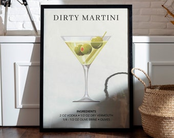 Impresión de arte de Martini sucio / Decoración del carrito de bar / Cartel de arte de cóctel / Regalo de mixología / Elegante pared de cocina de bar / Bebida de firma retro de acuarela
