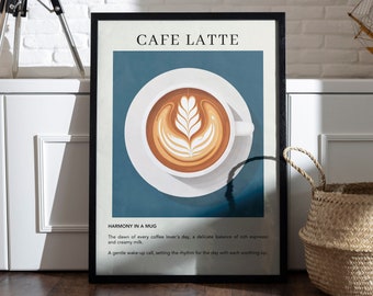 Puede incluir: Un póster enmarcado con fondo azul y una taza de café blanca con arte latte. El texto en el póster dice "CAFE LATTE" y "HARMONY IN A MUG". El texto debajo de la imagen dice "The dawn of every coffee lover's day, a delicate balance of rich espresso and creamy milk. A gentle wake-up call, setting the rhythm for the day with each soothing sip."
