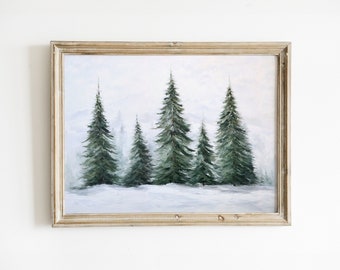 Evergreen Trees Print | Christmas Winter Holiday Decor | Pine Evergreen Tree Art | Snowy Forest Painting | Farmhouse Rustic Vintage Nature