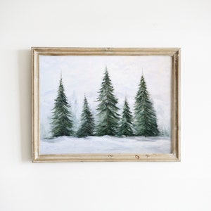 Evergreen Trees Print | Christmas Winter Holiday Decor | Pine Evergreen Tree Art | Snowy Forest Painting | Farmhouse Rustic Vintage Nature