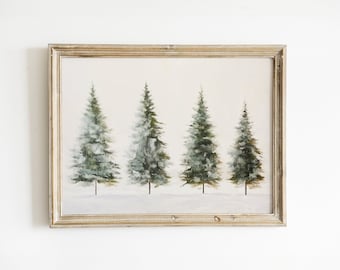 Christmas Trees Print | Winter Holiday Decor | Pine Evergreen Tree Art | Snowy Forest Painting | Farmhouse Rustic Vintage Nature Oil