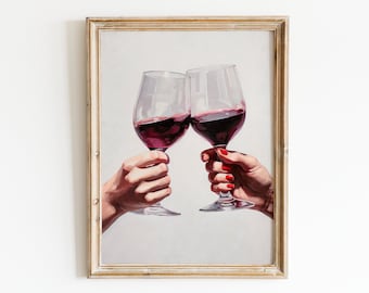 Cheers Red Wine Art Print | Bar Cart Decor | Oil Painting Gift for Wine Lovers | Trendy Minimalist Elegant Kitchen Wall Art