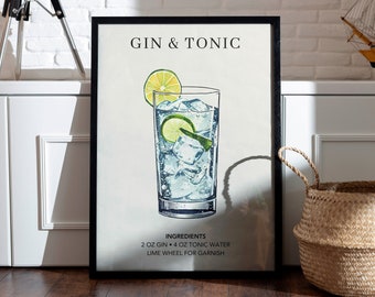 Gin Tonic Art Print | Bar Cart Decor | Cocktail Art Poster | Mixology Gift | Alcohol Sign Bar | Watercolor Retro Signature Drink Poster