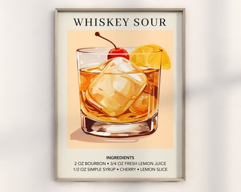 May include: A printable poster with a vintage-style illustration of a whiskey sour cocktail. The poster includes the title "Whiskey Sour" and the ingredients: 2 oz bourbon, 3/4 oz fresh lemon juice, 1/2 oz simple syrup, cherry, and lemon slice.