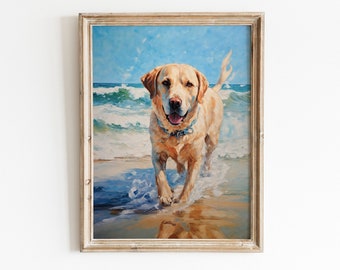 Könnte beinhalten: Gerahmtes Gemälde eines gelben Labrador Retrievers, der am Strand läuft. Der Hund steht im Vordergrund, mit dem Meer und dem blauen Himmel im Hintergrund. Das Gemälde hat einen strukturierten, impressionistischen Stil mit sichtbaren Pinselstrichen.