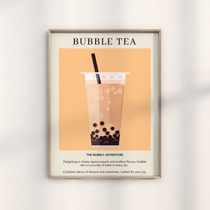 Bubble Tea Print | Boba Milk Tea Art Poster | Prezent dla niej | Znak Caffeine dla kawiarni | Akwarelowy plakat retro z napojem | Azjatycki wystrój kuchni