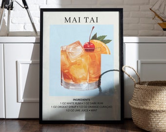 Mai Tai Cocktail Art Print | Bar Cart Decor | Classic Martini Art Poster | Gift for Her | Alcohol Sign for Bar | Watercolor Retro Vintage