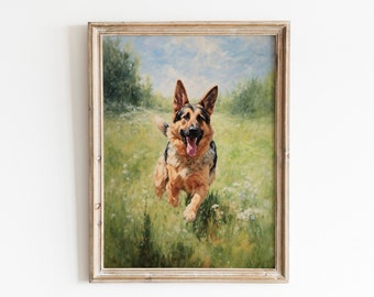 Könnte beinhalten: Ein gerahmtes Ölgemälde eines Deutschen Schäferhundes, der durch ein Feld mit Wildblumen rennt. Der Hund ist braun und schwarz mit einer weißen Brust und einem langen Schwanz. Der Hintergrund ist ein grünes Feld mit blauem Himmel und weißen Wolken.
