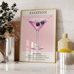 Aviation Cocktail Art Print | Bar Cart Decor | Trendy Cocktail Art Poster | Gift for Her | Alcohol Sign for Bar | Watercolor Retro Vintage