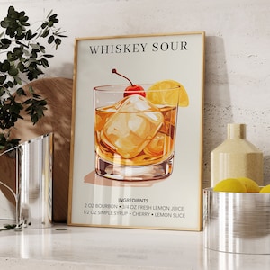 Whiskey Sour Art Print | Bar Cart Decor | Cocktail Art Poster | Signature Drink Sign Gift | Alcohol Sign Bar | Watercolor Retro Rum Drink