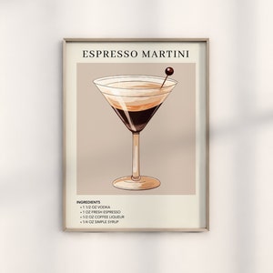 Espresso Martini Art Print / Cartel de arte de cóctel / Regalo de mixología para ella / Barra de signos de alcohol / Cartel de bebida retro de acuarela / Decoración del carrito de bar