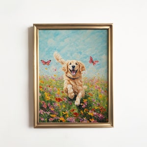 Golden Retriever Dog Art Print | Dog Running Spring Flower Field | Gift for Dog Lovers | Dog Breed Art Painting | Trendy Wall Art Decor