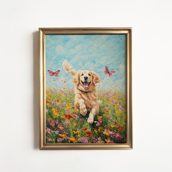 Golden Retriever Dog Art Print | Dog Running Spring Flower Field | Gift for Dog Lovers | Dog Breed Art Painting | Trendy Wall Art Decor