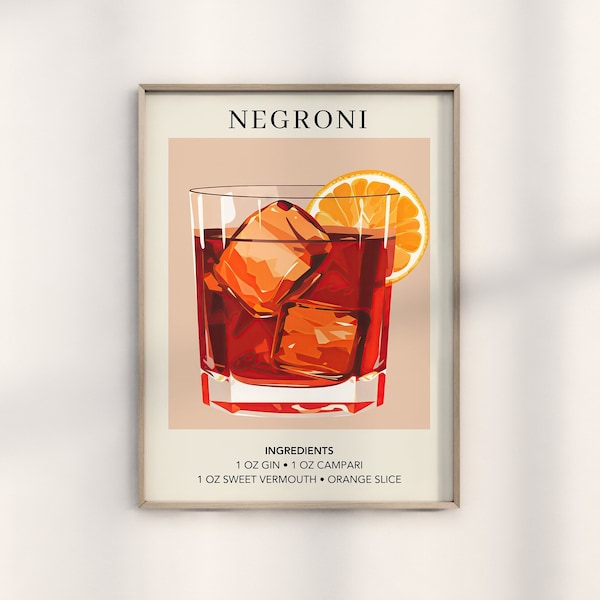 Impression d'art Negroni | Décor de chariot de bar | Affiche de cocktails | Signe de boisson signature | Tendance Minimaliste Élégant Sophistiqué Rétro Happy Hour
