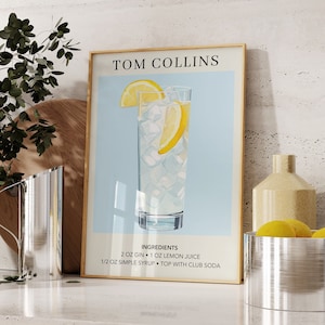 Tom Collins Cocktail Kunstdruck | Barwagen Dekor Poster | Geschenk für Sie | Signatur Drink Alcohol Zeichen für Bar | Aquarell Retro Drink Poster