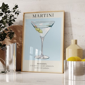 Martini Cocktail Art Print / Bar Cart Decor / Classic Martini Art Poster / Trendy Wall Art / Segno di alcol per Bar / Acquerello Retro Vintage