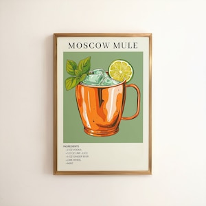Moskauer Maultier Kunstdruck | Barwagen | Cocktail Art Decor Poster | Mixology Geschenk für sie | Alkohol Schild Bar | Aquarell Retro Drink Druck