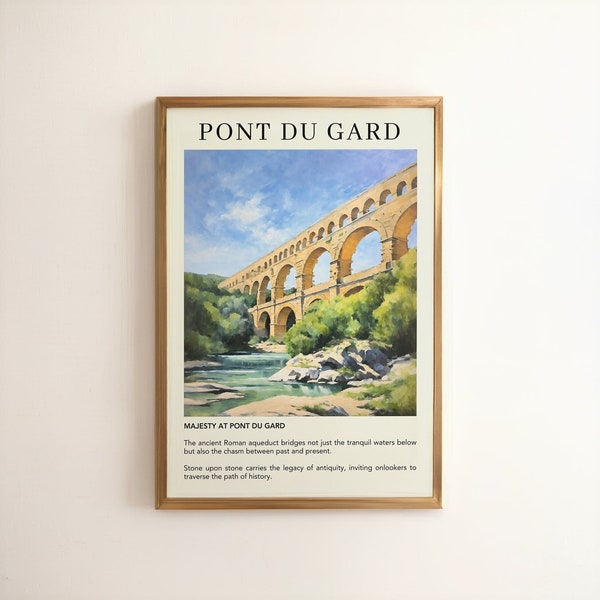 Poster de voyage du Pont du Gard | France, pont-aqueduc romain, peinture à l'huile, décoration murale pour la maison | Cadeau pour les amateurs de voyage | oeuvres d'art vintage