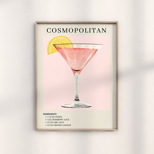 Cosmopolitan Art Print | Bar Cart Decor | Cocktail Art Wall Poster | Cocktail Gift for Her | Alcohol Sign for Bar | Watercolor Retro Drink