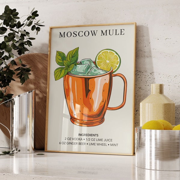 Moscow Mule Print | Bar Cart Decor | Cocktail Art Poster | Mixology Gift | Elegant Bar Kitchen Wall | Watercolor Retro Signature Poster