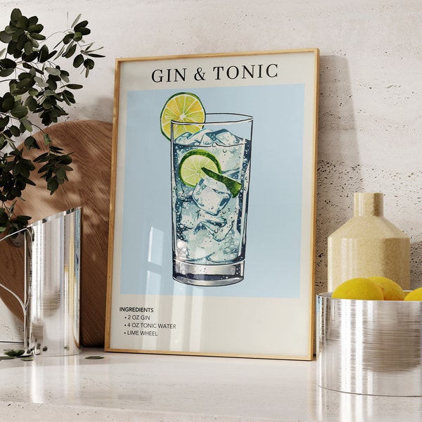 Gin Tonic Art Print | Bar Cart Decor | Cocktail Art Poster | Mixology Gift | Alcohol Sign Bar | Watercolor Retro Drink Poster