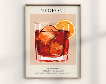 May include: A printable poster with a minimalist design featuring a glass of Negroni cocktail with ice cubes and an orange slice. The poster includes the text "NEGRONI" and the ingredients: "1 OZ GIN • 1 OZ CAMPARI • 1 OZ SWEET VERMOUTH • ORANGE SLICE".