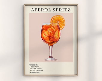 Aperol Spritz Art Print | Bar Cart | Cocktail Art Decor Poster | Mixology Gift for Her | Alcohol Sign Bar | Watercolor Retro Drink Painting