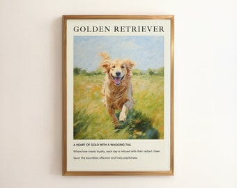 Könnte beinhalten: Ein gerahmter Druck eines Golden Retrievers, der durch ein Grasfeld rennt. Der Druck trägt oben den Text "Golden Retriever" und eine Beschreibung der Rasse unterhalb des Bildes.
