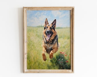 May include: A framed oil painting of a German Shepherd dog running through a field of green grass and red flowers. The dog is brown and black with a white chest and is looking directly at the viewer with its mouth open in a happy expression.