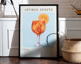 Bar Cart Aperol Spritz Art Print | Cocktail Art Decor Poster | Mixology Gift for Her | Alcohol Sign Bar | Watercolor Retro Drink Painting