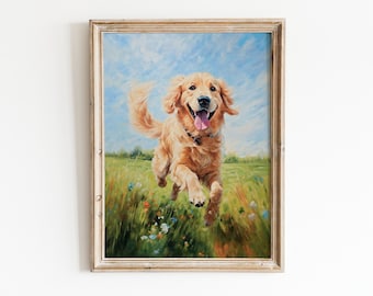 Golden Retriever Art Print / Regalo para amantes de los perros / Pintura de arte de raza de perro / Decoración de arte de pared de moda / Paisaje de ilustración moderna minimalista