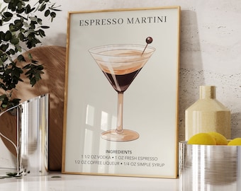 Espresso Martini Art Bar Cart Print | Cocktail Art Decor Poster | Signature Drink Decor | Elegant Bar Sign | Watercolor Retro Drink Print