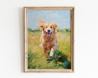May include: A painting of a golden retriever running through a field of green grass. The dog is looking directly at the viewer with its mouth open in a happy expression.