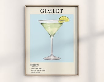 May include: A printable cocktail recipe poster with a light blue background featuring a martini glass filled with a green liquid and a lime wedge garnish. The poster has the title "GIMLET" and lists the ingredients: 2 oz gin, 1 oz lime juice, 1/2 oz simple syrup, and lime wheel.
