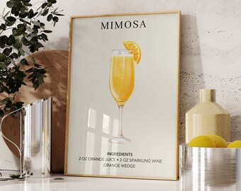 Mimosa Art Print | Bar Cart Decor | Cocktail Art Poster | Mixology Gift | Elegant Bar Kitchen Wall | Watercolor Retro Signature Drink Sign
