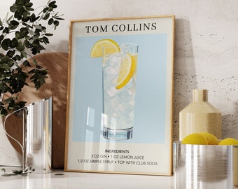 Tom Collins Cocktail Art Print | Bar Cart Decor Poster | Gift for Her | Signature Drink Alcohol Sign for Bar | Watercolor Retro Drink Poster