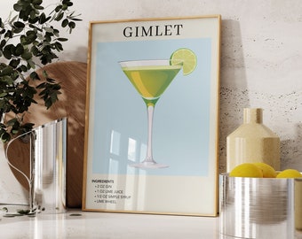 Puede incluir: Un póster enmarcado con fondo azul y un cóctel verde en una copa de martini. El póster tiene el título "GIMLET" y enumera los ingredientes: 2 oz de ginebra, 1 oz de jugo de lima, 1/2 oz de jarabe simple, rodaja de lima.