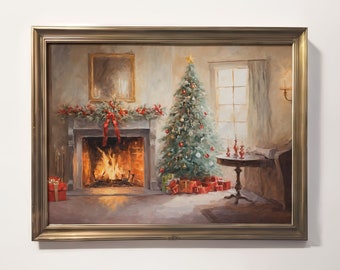 Christmas Morning Print | Tree Presents Fireplace Holiday Decor | Rustic Country Farmhouse | Trendy Vintage Nature Oil Painting Poster