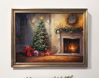 Night Before Christmas Print | Winter Tree Presents Holiday Decor | Rustic Country Farmhouse Painting | Trendy Vintage Nature Oil Poster
