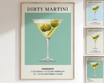 Dirty Martini Art Print | Bar Cart Decor | Cocktail Art Poster | Mixology Gift Painting | Alcohol Sign Bar | Watercolor Retro Drink Poster