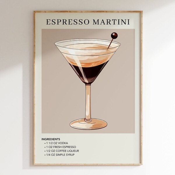 Bar Cart Espresso Martini Art Print | Cocktail Art Decor | Mixology Gift for Her | Alcohol Sign | Watercolor Retro Drink Poster | Kitchen