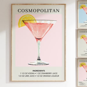 Cosmopolitan Art Print | Cocktail Art Poster | Mixology Gift for Her | Alcohol Sign Kitchen | Watercolor Retro Drink Poster | Bar Cart Decor