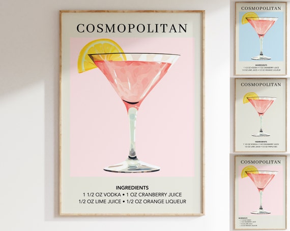Cosmopolitan Martini Clear Glasses Set 4 Vintage Lady Graphic Recipe Drink  8 Oz