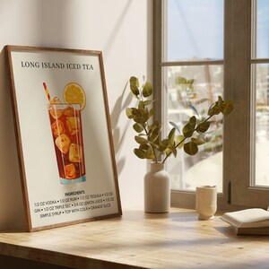 K&ouml;nnte beinhalten: Ein gerahmter Druck mit einem Rezept f&uuml;r Long Island Iced Tea. Der Druck zeigt ein Glas Eistee mit einem Zitronenspritz und einem Strohhalm. Die Zutaten sind unter dem Bild aufgelistet.