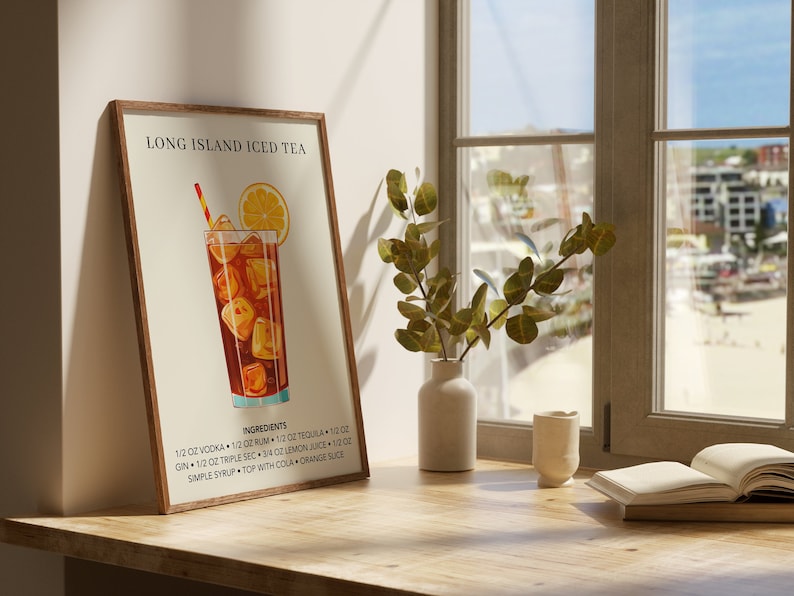 K&ouml;nnte beinhalten: Ein gerahmter Druck mit einem Rezept f&uuml;r Long Island Iced Tea. Der Druck zeigt ein Glas Eistee mit einem Zitronenspritz und einem Strohhalm. Die Zutaten sind unter dem Bild aufgelistet.