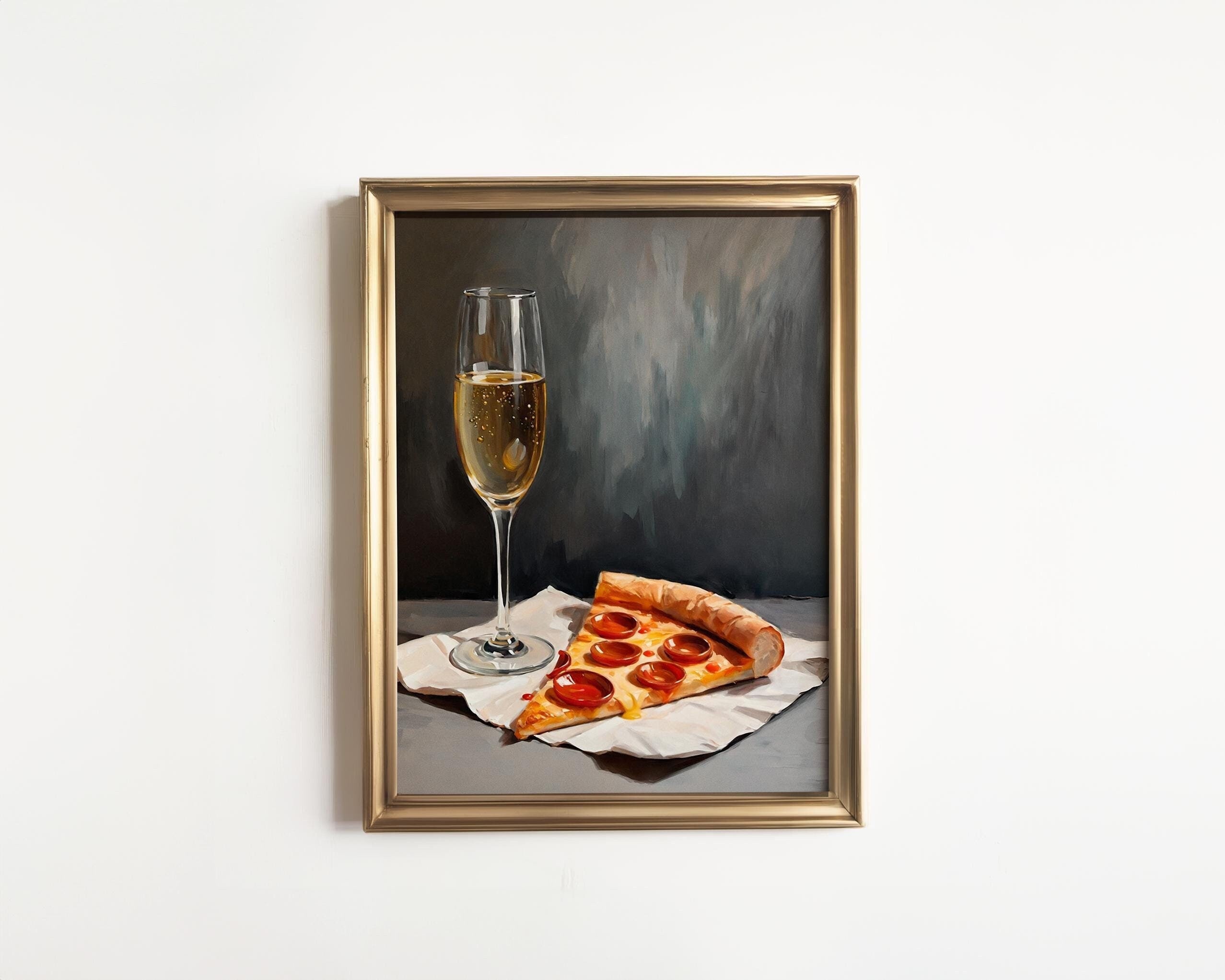 Champagne and Pizza Canvas Print | Demure Mindful Quirky Funny Whimsical | Cocktail Art Bar Cart Decor | Oil Painting Gift | Kitchen Wall