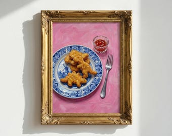 Impresión artística de pintura al óleo de pepita de dinosaurio y porcelana fina: decoración de cocina divertida, Delft azul y blanco, decoración de dopamina